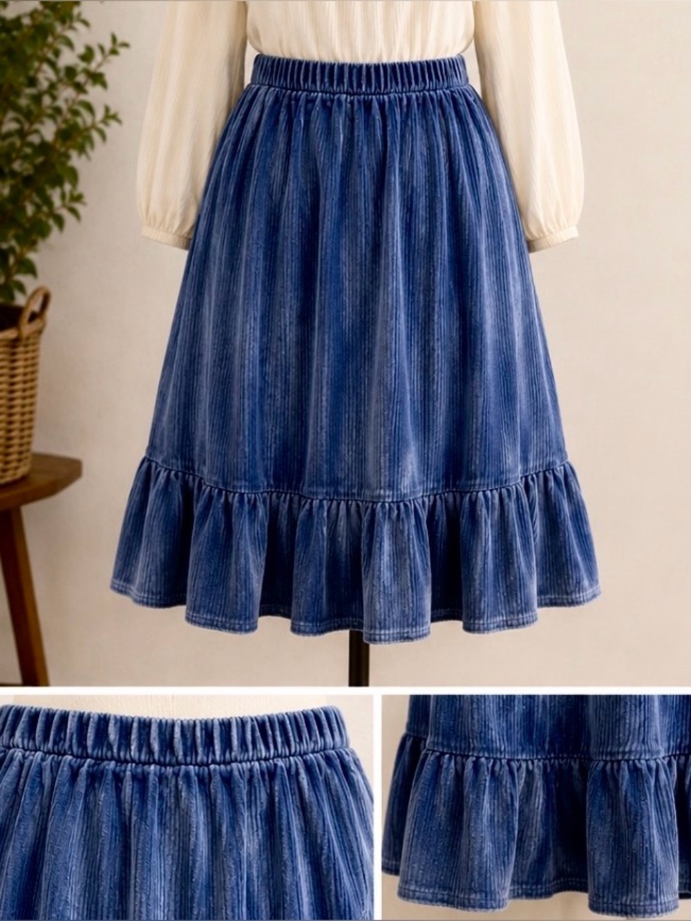 Vintage plus size-70s 80s - Corduroy Blue Prairie skirt- XL elastic waist